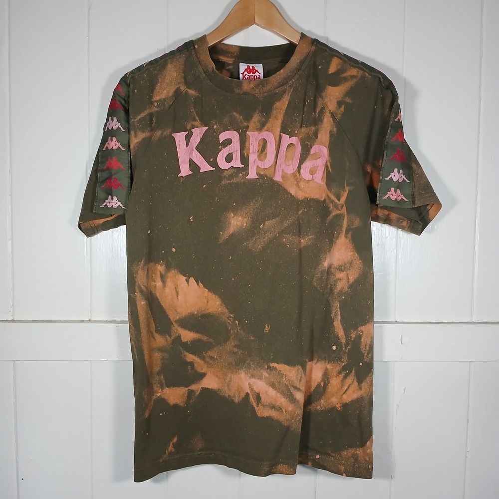 Kappa Logo Tape Tee Mens Large Green Bleach Tie Dye T-Shirt Streetwear